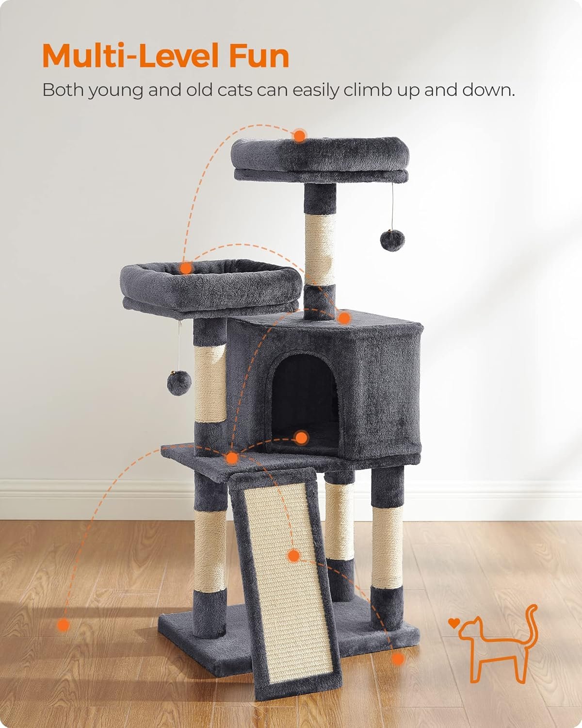 Feandrea Cat Tower, Cat Tree for Indoor Cats, 45.3-Inch Cat Condo with Scratching Post, Ramp, Perch, Spacious Cat Cave, for Kittens, Elderly Cats, Adult Cats, Small Space, Smoky Gray UPCT141G01 - Image 2