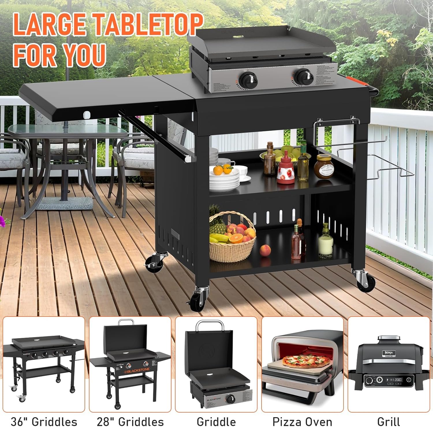 Outdoor Grill Table Cart for Blackstone 28"/36" Omnivore Griddle, 50" x 22“ Large Outdoor Kitchen Island with Foldable Side Table for Blackstone 17”/22” Griddle, Home BBQ, Tailgates, Cookouts - Image 4