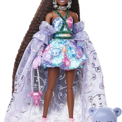 Barbie Extra Fancy Fashion Doll & Accessories Dressed in a Teddy-Print Gown with Sheer Train, Plus Teddy Bear Pet