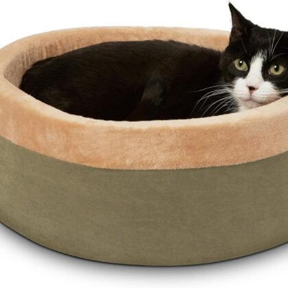 K&H Pet Products Thermo-Kitty Bed Heated Cat Beds for Indoor Cats & Dogs, Calming Warming Pillow Pet Bed, Machine Washable, Removable Heater, Safety Listed - Small 16" Round Sage/Tan