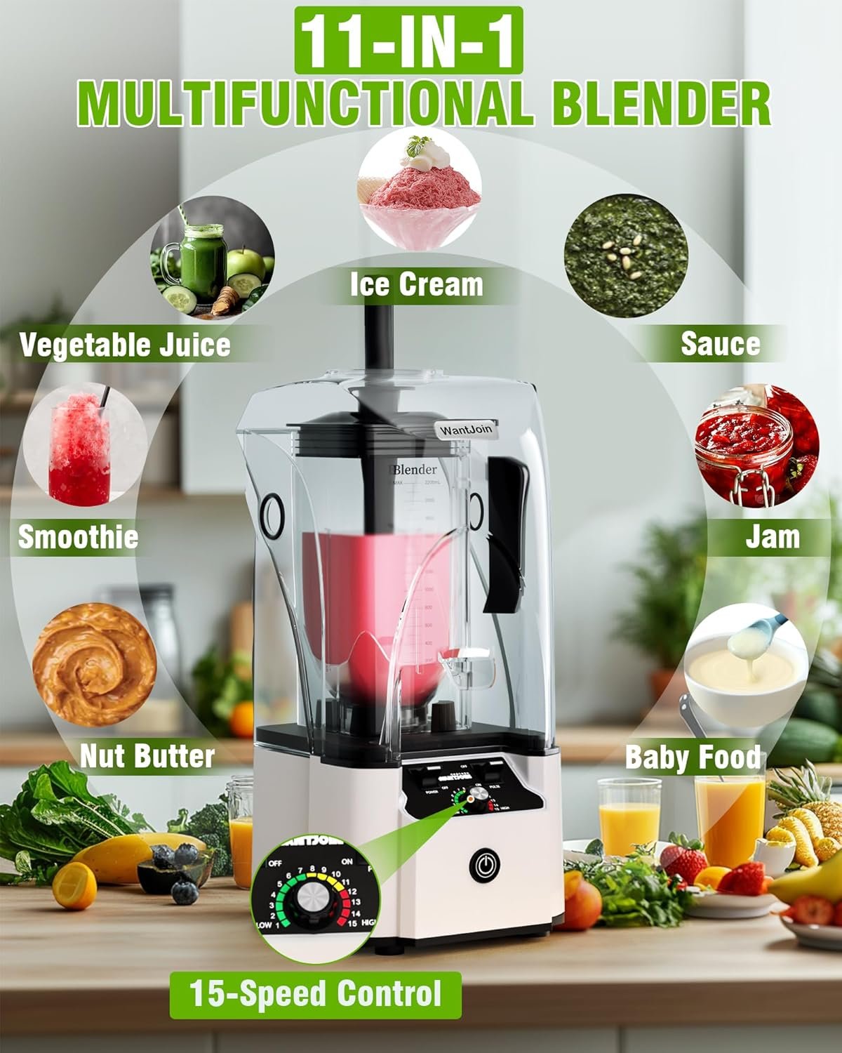 WantJoin Quiet Blender - Kitchen Blender with Soundproof, 2.5 HP Copper Motor, 80oz Jar, Multifunctional Silent Blenders for Smoothies, Juice, Soups, Sauce, w/ 15 Speeds, Stainless Steel 6-blade Combo - Image 2