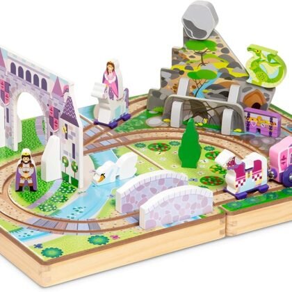 Melissa & Doug 19-Piece Wooden Take-Along Tabletop Kingdom – Carriage, Horse, Unicorn, Dragon, More