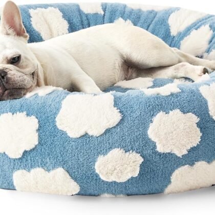 LE SURE Shown on TV Donut Dog Bed Medium Size Dog - Round Cat Beds Indoor as Christmas Bed Gift for Calming with Washable Cover, Cute Beds with Jacquard Shaggy Plush & Anti Slip Bottom, 30 Inch, Blue