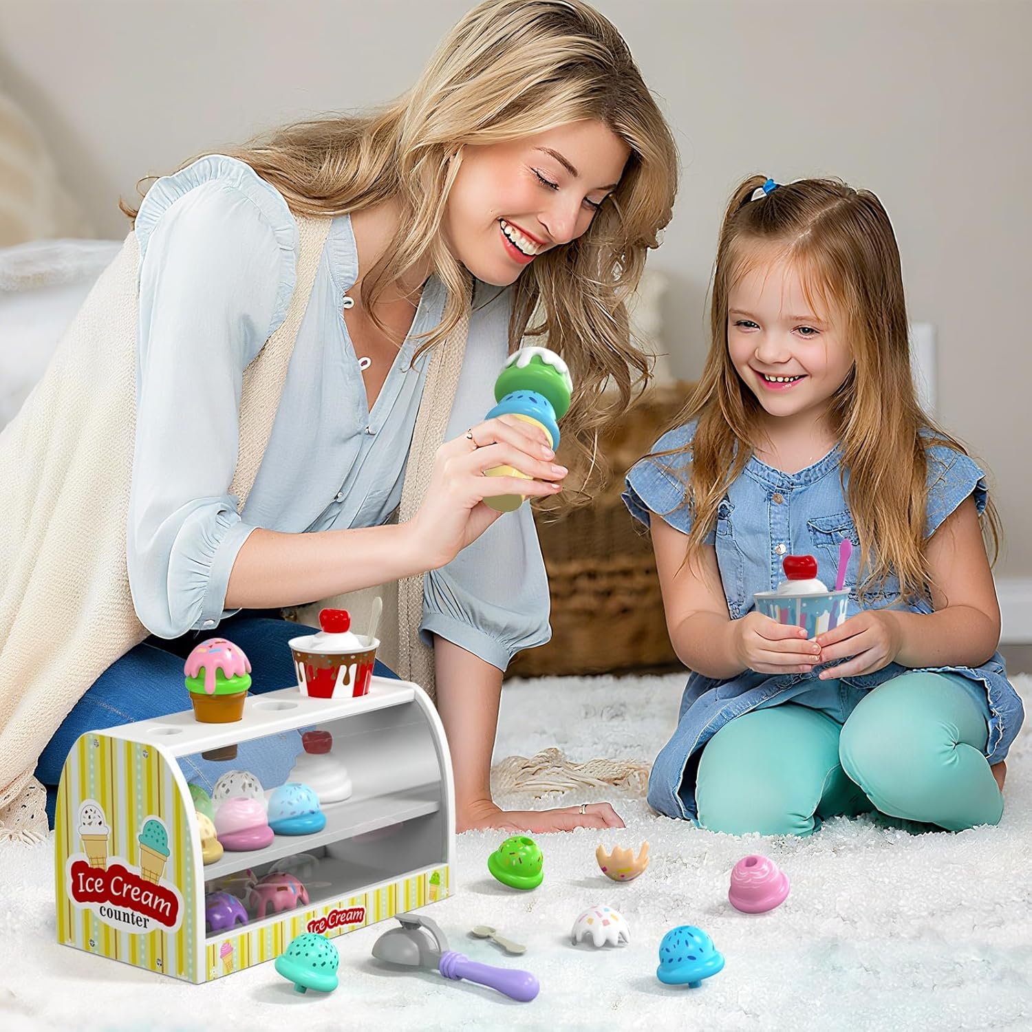 Ice Cream Toy for Kids - Toys for 3 4 Year Old Girls, Wooden Ice Cream Counter Shop Pretend Play Food with Apron, Scoop, Menu, Fake Money, Gifts for Boys Girls Toddlers Ages 3 4 5 - Image 6