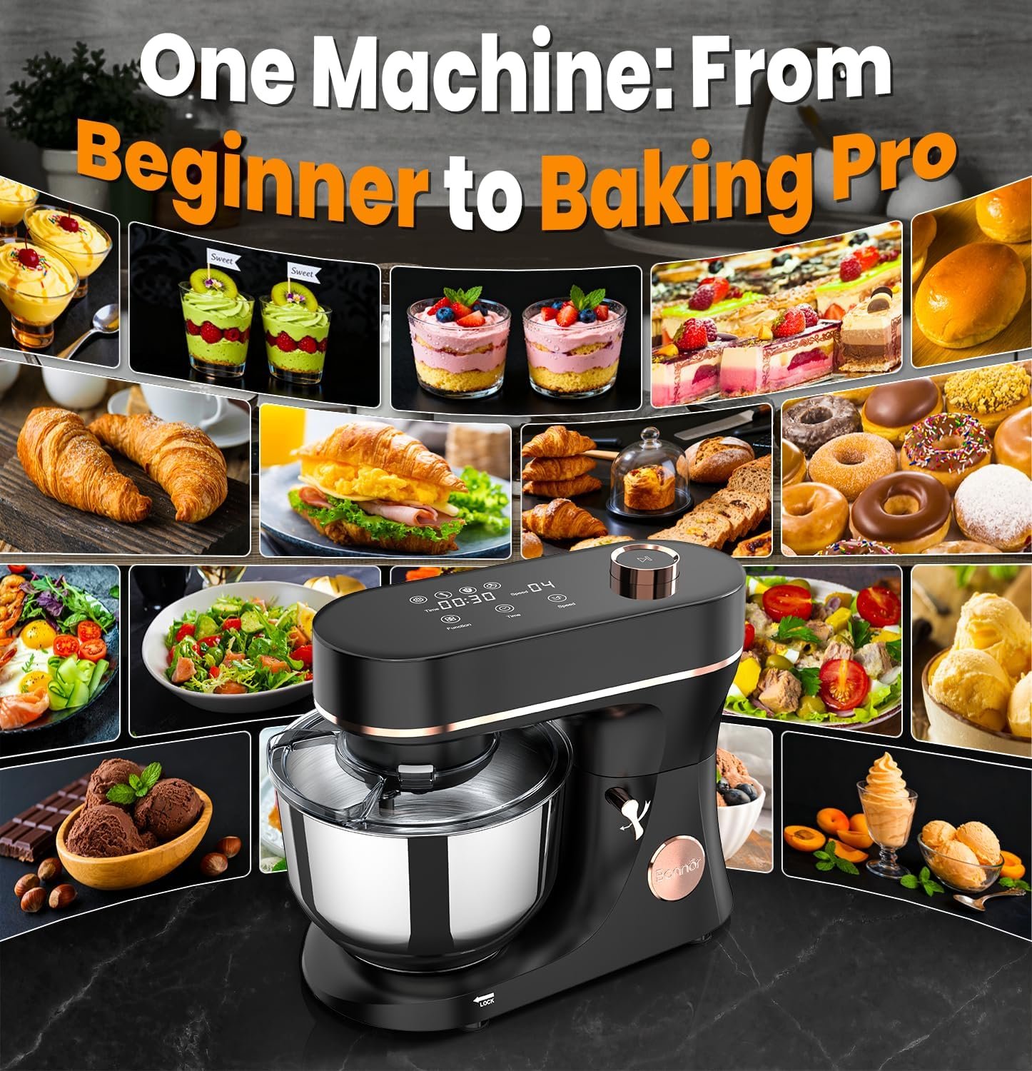 Stand Mixer 6QT Kitchen Mixer with LED Smart Touchscreen, 11-Speed Tilt-Head Mixer with Timer, 4 Preset Menus, Stainless Steel Bowl, Dough Hook, Whisk, Beater,Black - Image 7