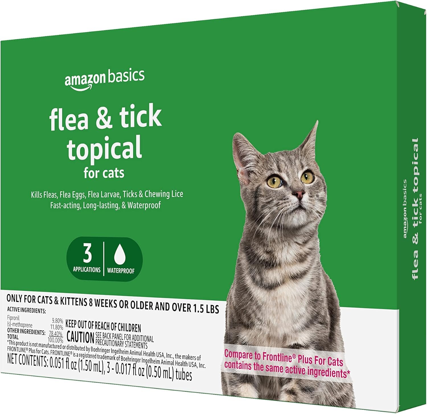 Amazon Basics Flea and Tick Topical Treatment for Cats (Over 1.5 Pounds), 3 Count (Previously Solimo)