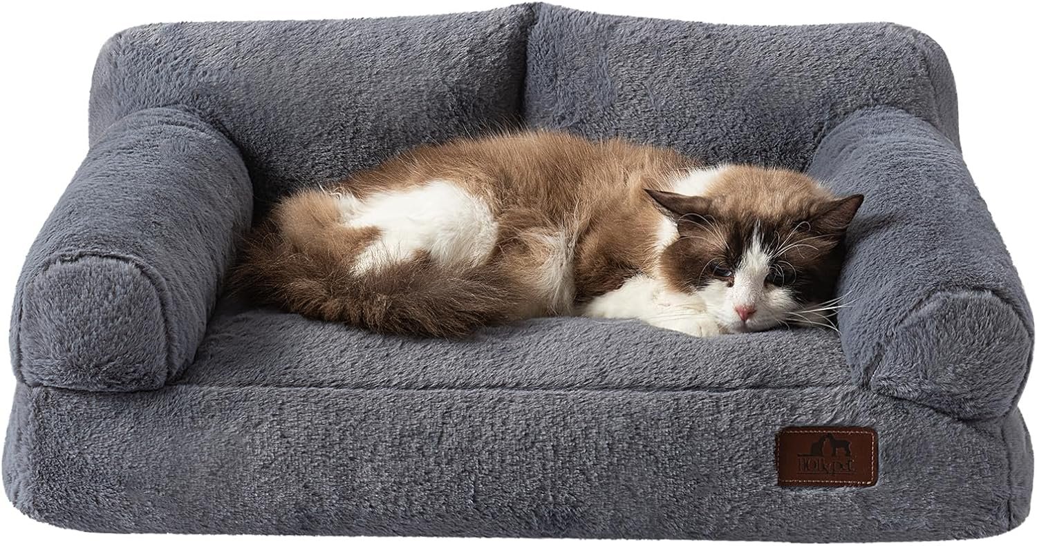 Hollypet Fluffy Plush Dog Cat Pet Couch Soft Calming Sofa Bed for Medium Small Cats and Dogs, Gray - Image 2