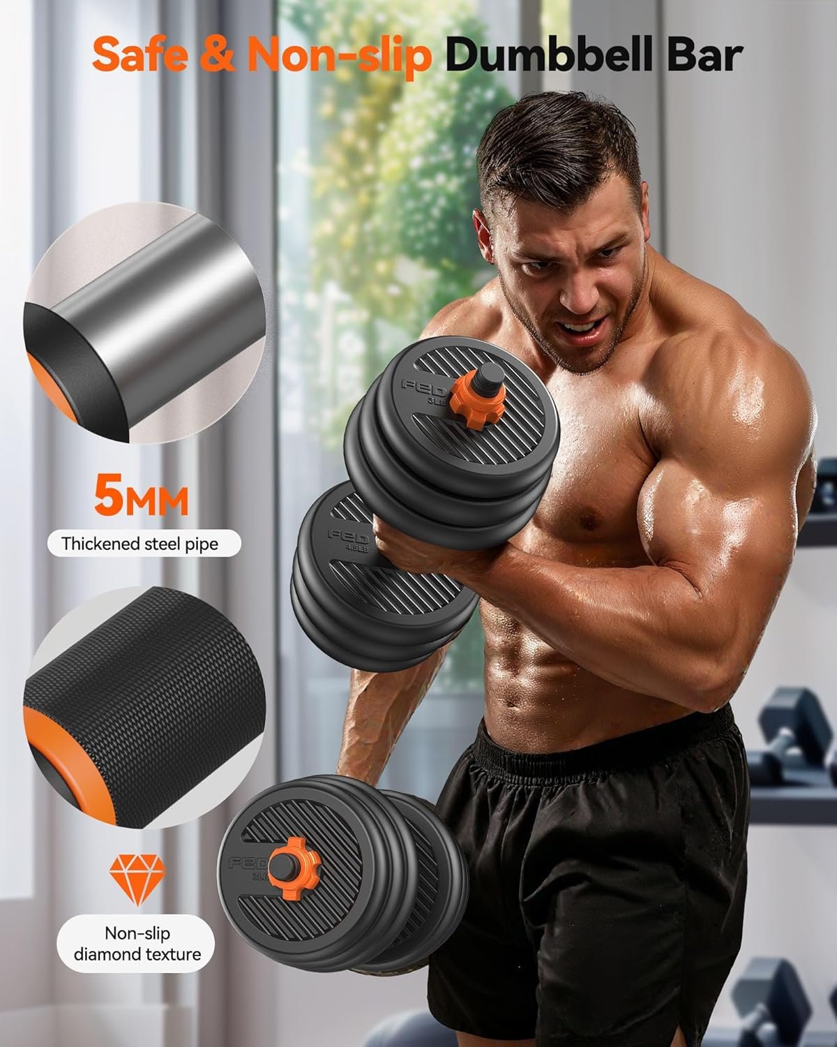 FEIERDUN Adjustable Dumbbells, 20/30/40/45/70/90lbs Free Weight Set with Connector, 5 in1 Dumbbells Set Used as Barbell, Kettlebells, Push up Stand, Weight Plate, Fitness Exercises for Home Gym Suitable Men/Women - Image 5