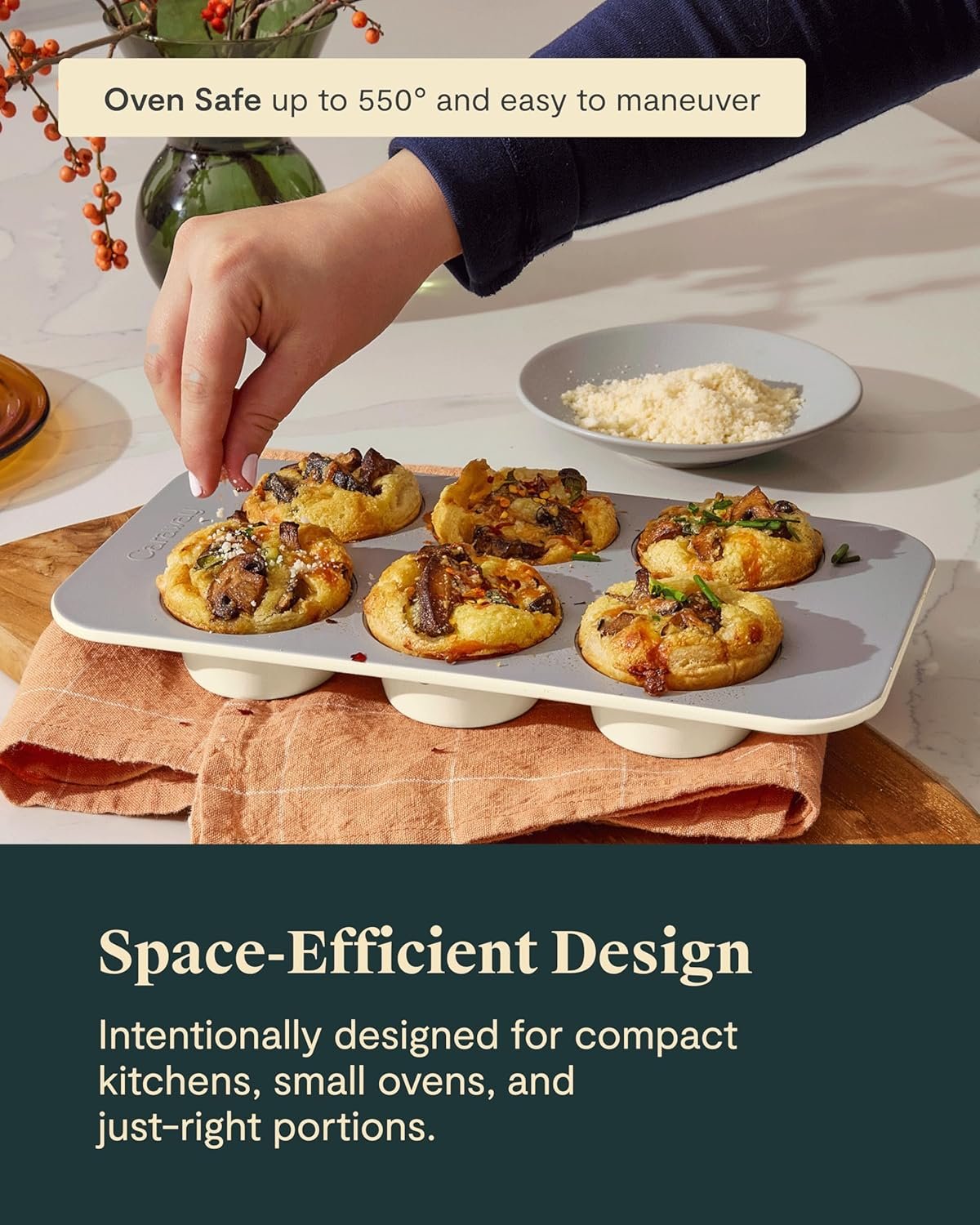 Caraway Mini Bakeware Set – Naturally Non-Stick, Non-Toxic Ceramic Coating – Compact Baking Pans Set for Small Kitchens & Ovens – Includes Baking Sheets, Muffin Pan, Cooling Rack & Storage - Cream - Image 5