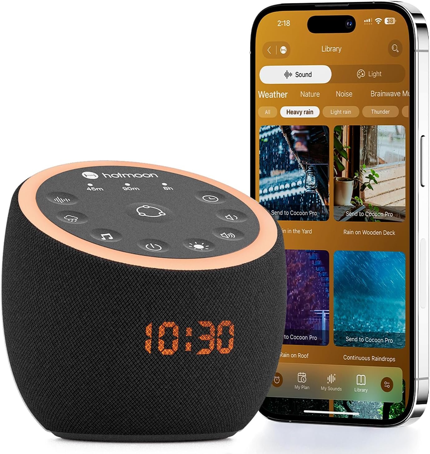 Hotmoon Sound Machine, Cocoon Pro 2 White Noise Machine for Sleeping Adults, 388 Non Looping Sounds & Sleep Timer, Smart App Control Night Light, Nature Sound Pink Green Brown Noise Maker, Plug in