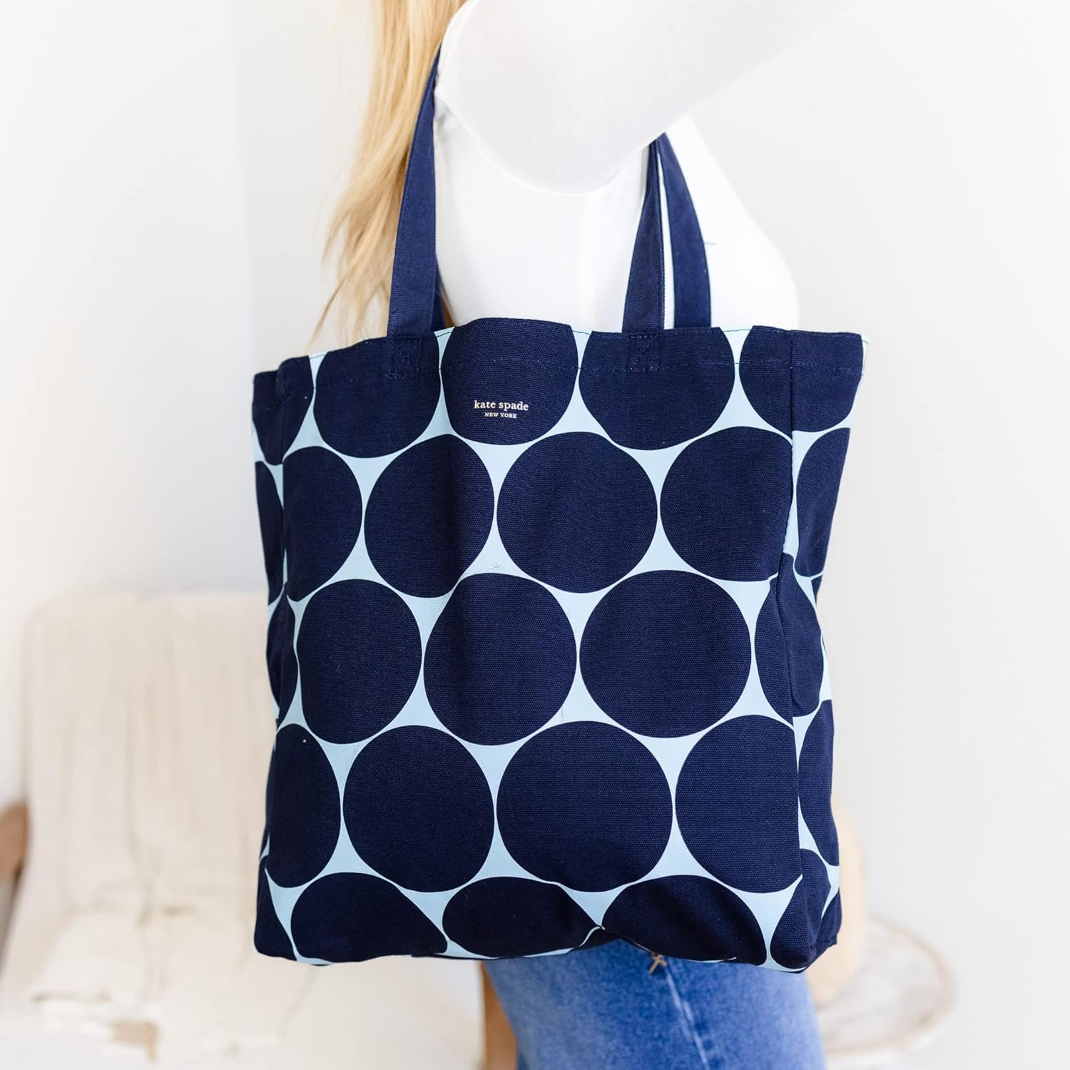 kate spade new york Canvas Tote Bag for Women, Cute Tote Bag for Teacher, Blue Canvas Beach Bag, Book Tote with Pocket, Joy Dot - Image 2
