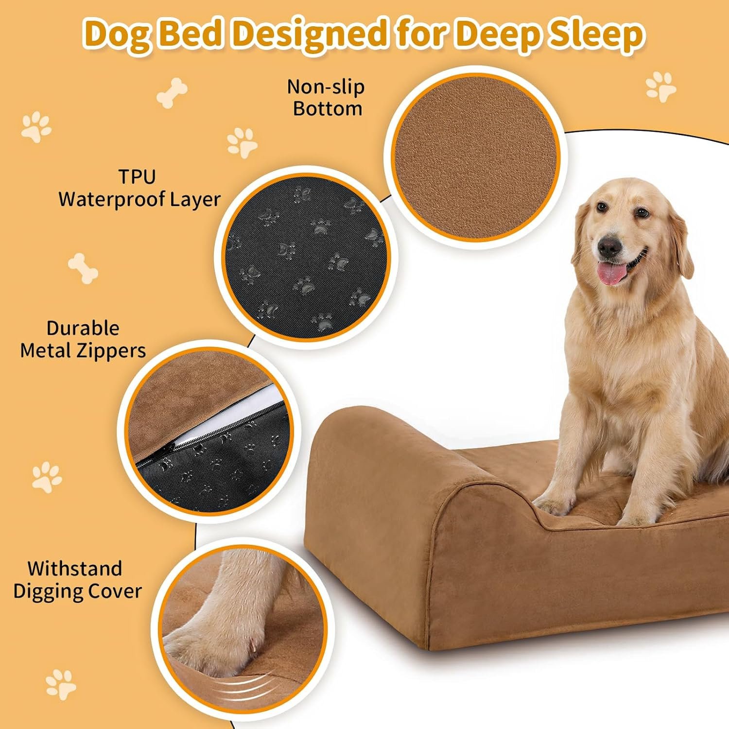 Orthopedic Dog Beds for Large Dogs, 7" Memory Foam Dog Beds with Waterproof Liner, Chew Proof Microsuede Cover, Removable and Washable, Nonskid Bottom, 48"x30"x7" L Khaki - Image 2