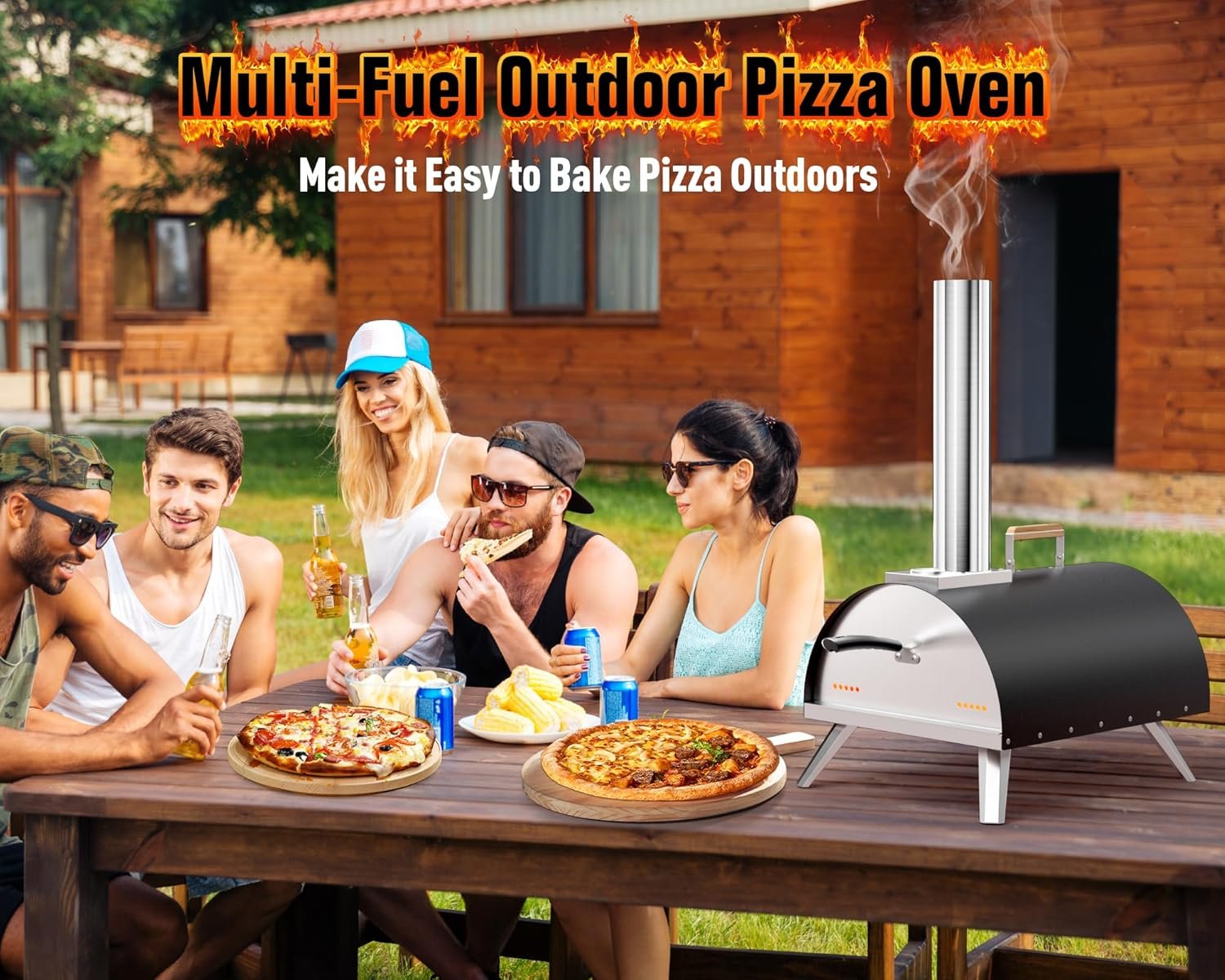 Multi-Fuel Pizza Oven Outdoor, 12" Portable Wood and Gas Fired Pizza Oven with Thermometer,Gas Hose & Pizza Stone,Heats up to 1000°F,Stainless Steel Pizza Oven for Backyard or Camping (Black) - Image 2