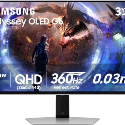 Samsung 27” Odyssey OLED G6 (G60SD) Series Gaming Monitor with QHD & QD-OLED, 360Hz 0.03ms, AMD FreeSync Premium Pro, Anti-Glare, Sleek Design, Cooling System, 3 Year Warranty, LS27DG602SNXZA