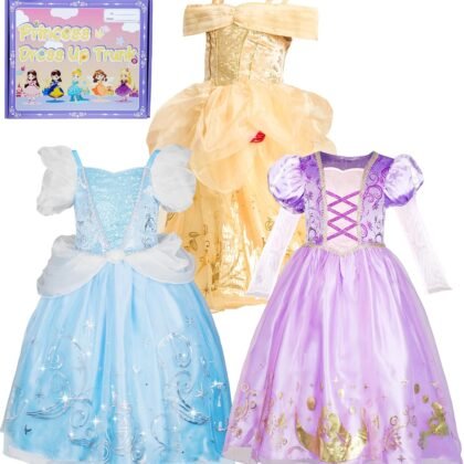 IKALI Princess Dress Up Trunk for Toddler Girls, Christmas Party Birthday Gift for Toddlers Kids 2T 3-4Y 4-6Y 7-8Y