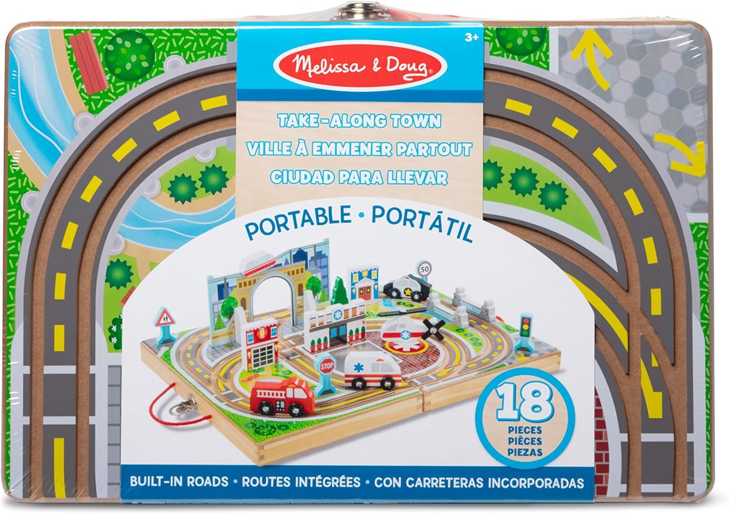 Melissa & Doug 18-Piece Wooden Take-Along Tabletop Town, 4 Rescue Vehicles, Play Pieces, Bridge - Image 6