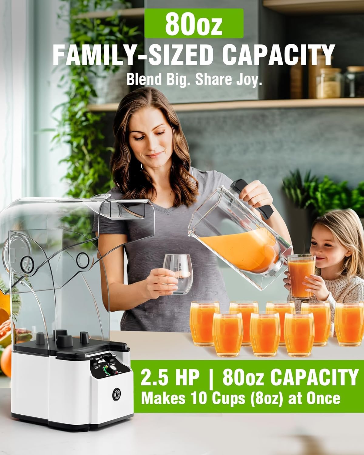 WantJoin Quiet Blender - Kitchen Blender with Soundproof, 2.5 HP Copper Motor, 80oz Jar, Multifunctional Silent Blenders for Smoothies, Juice, Soups, Sauce, w/ 15 Speeds, Stainless Steel 6-blade Combo - Image 4