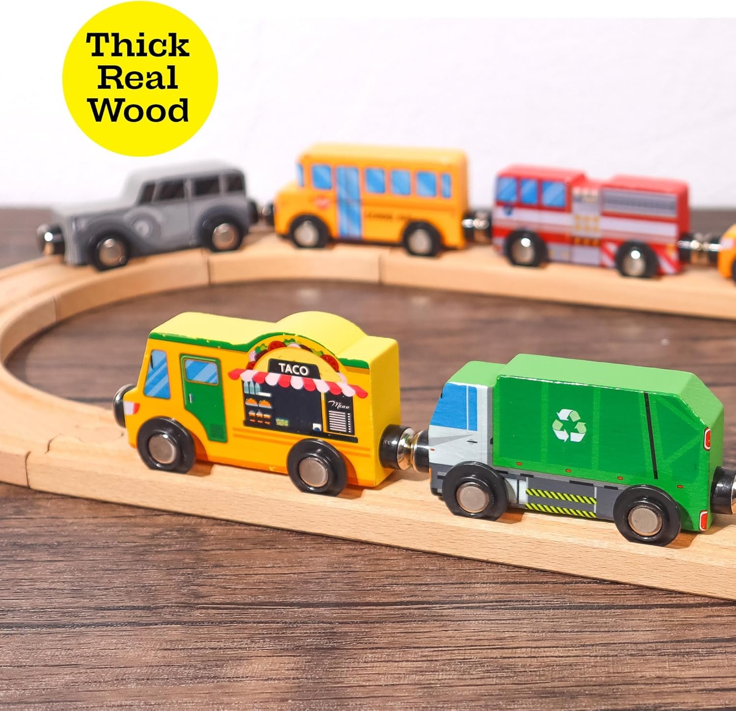 9 Piece Wooden Cars with Magnets - City Vehicles, Emergency Trucks, School Bus, Police, Fire, Ambulance, Taco Truck Toy - Community Helpers Play Set - Zany Trains - Image 5
