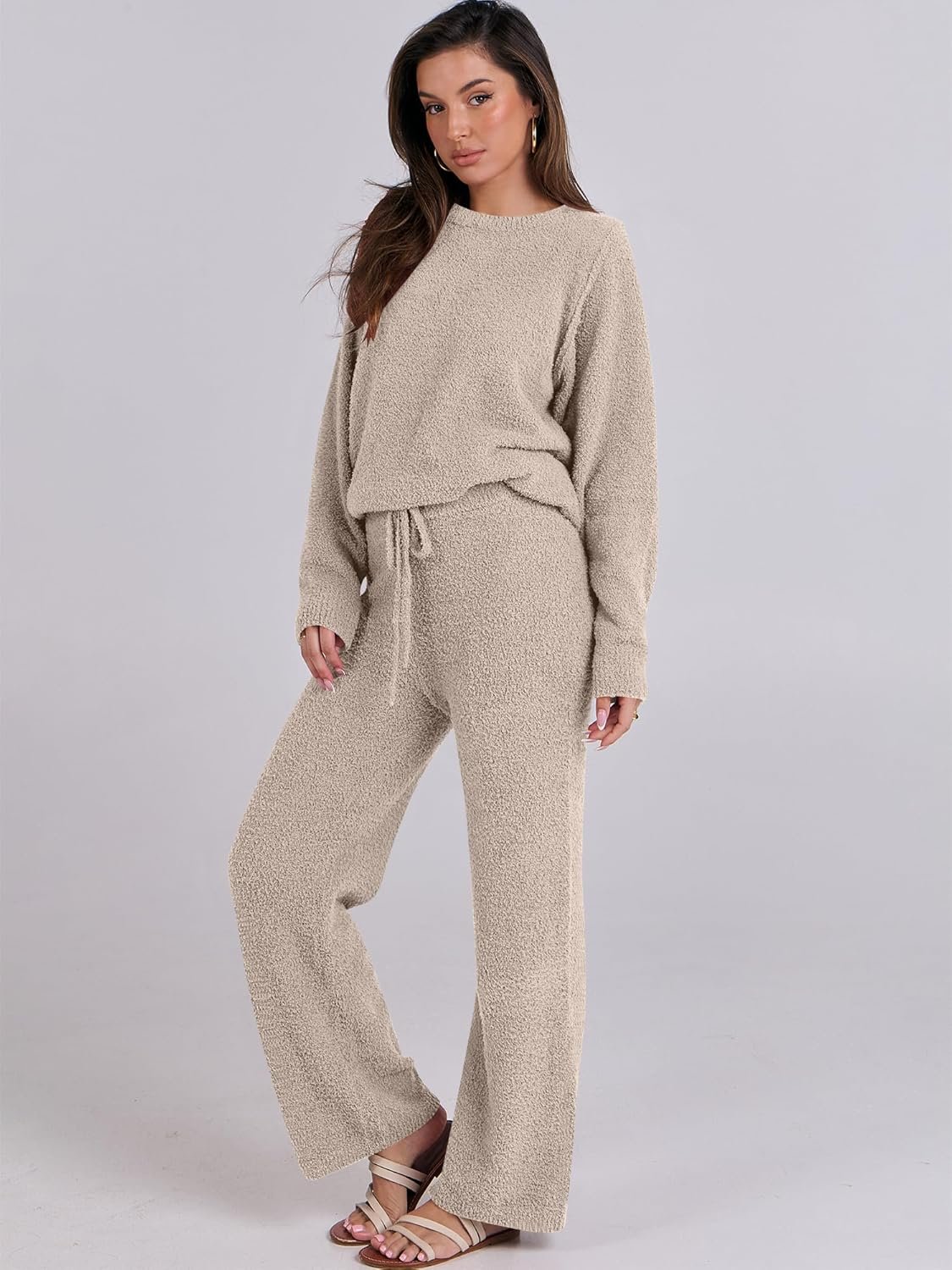 ANRABESS Women's Fuzzy Fleece Pajama Sets 2 Piece Outfits Long Sleeve Top Wide Leg Pants Lounge Matching Set 2025 Fall Winter - Image 2