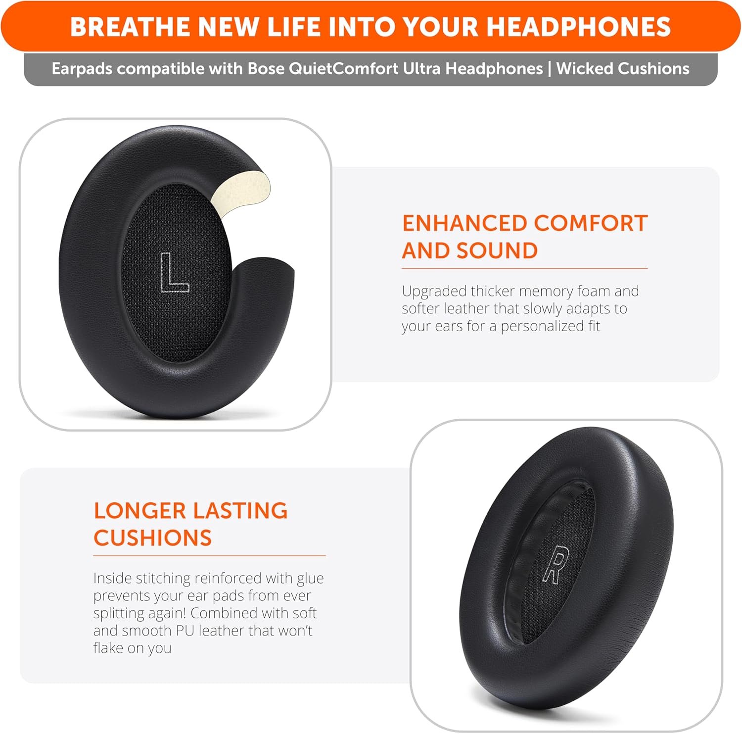 WC PadZ QC Ultra – Upgraded Replacement Earpads Compatible with Bose QuietComfort Ultra Gen 1 & Gen 2 by Wicked Cushions | Enhanced Comfort, Thickness & Durability | Black - Image 4