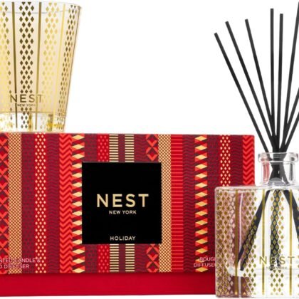NEST New York Scented Classic Christmas Candle (8.1 oz) & Diffuser (5.9 fl oz) Set, Holiday - Reusable Glass Vessel - Vegan, Cruelty Free