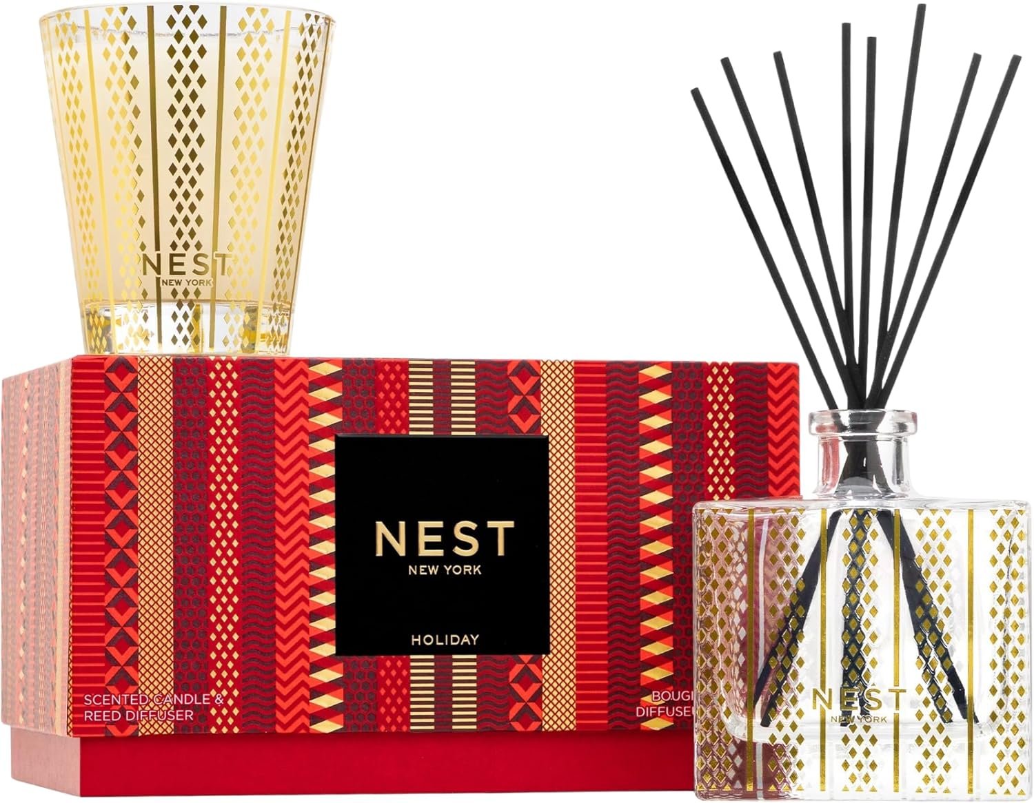 NEST New York Scented Classic Christmas Candle (8.1 oz) & Diffuser (5.9 fl oz) Set, Holiday - Reusable Glass Vessel - Vegan, Cruelty Free