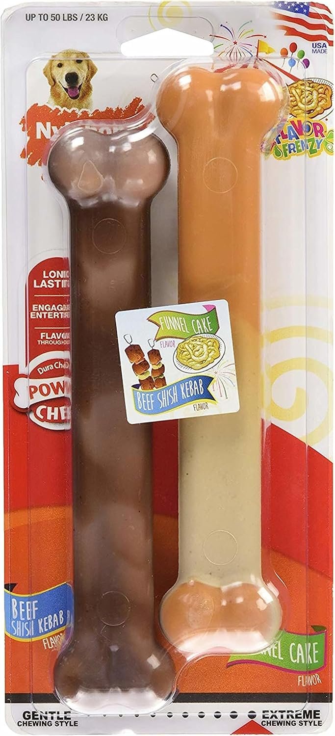 Nylabone Original Bone Power Chew Toy for Dogs, Durable Dog Toys for Aggressive Chewers, Flavor Frenzy Funnel Cake & Shish Kabob Flavor, Large - Up to 50 lbs, 2 Pack - Image 2