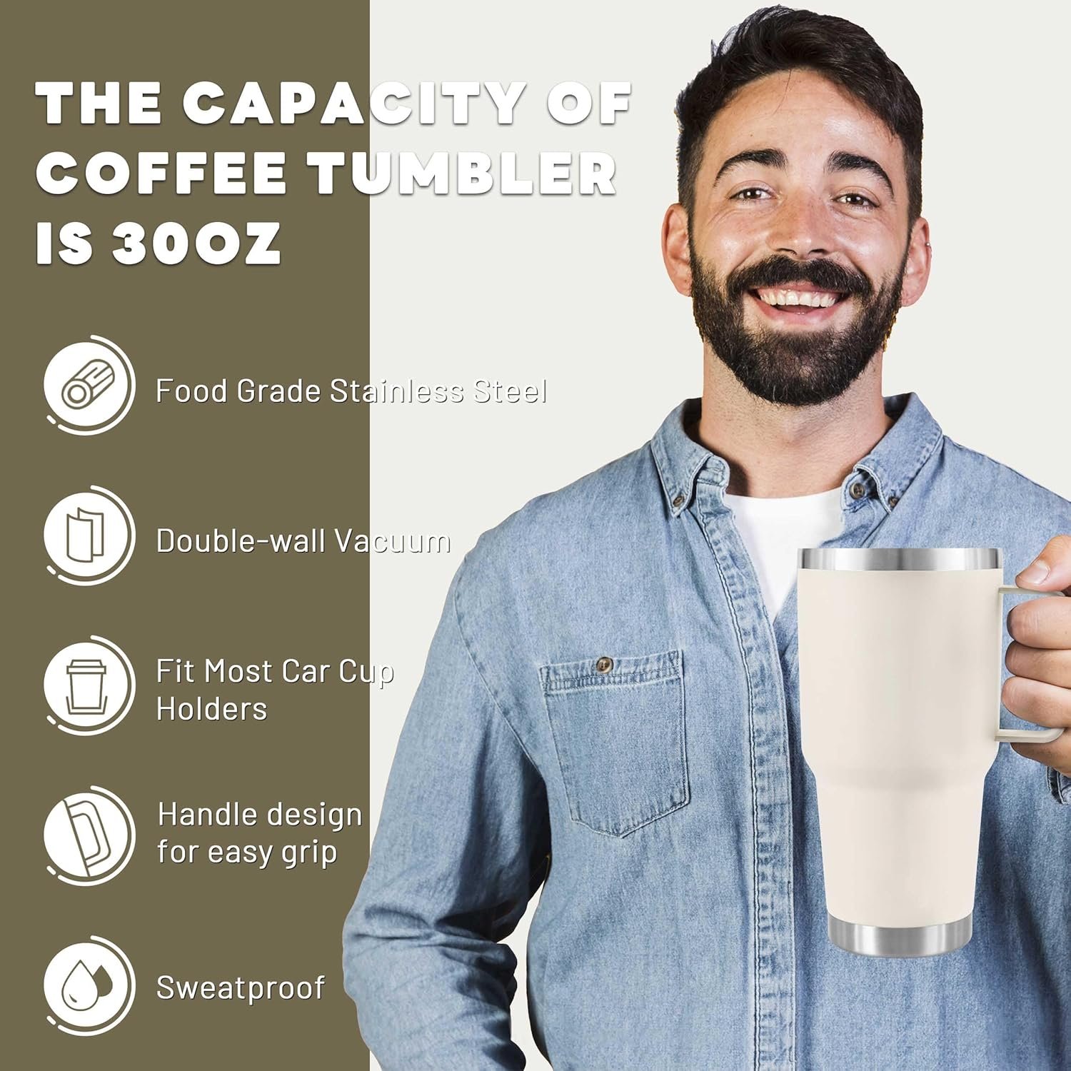 30 oz Tumbler With Handle, Double Wall Stainless Steel Vacuum Insulated Travel Mug with Splash-Proof Lid Metal Straw and Brush (Cream) - Image 4