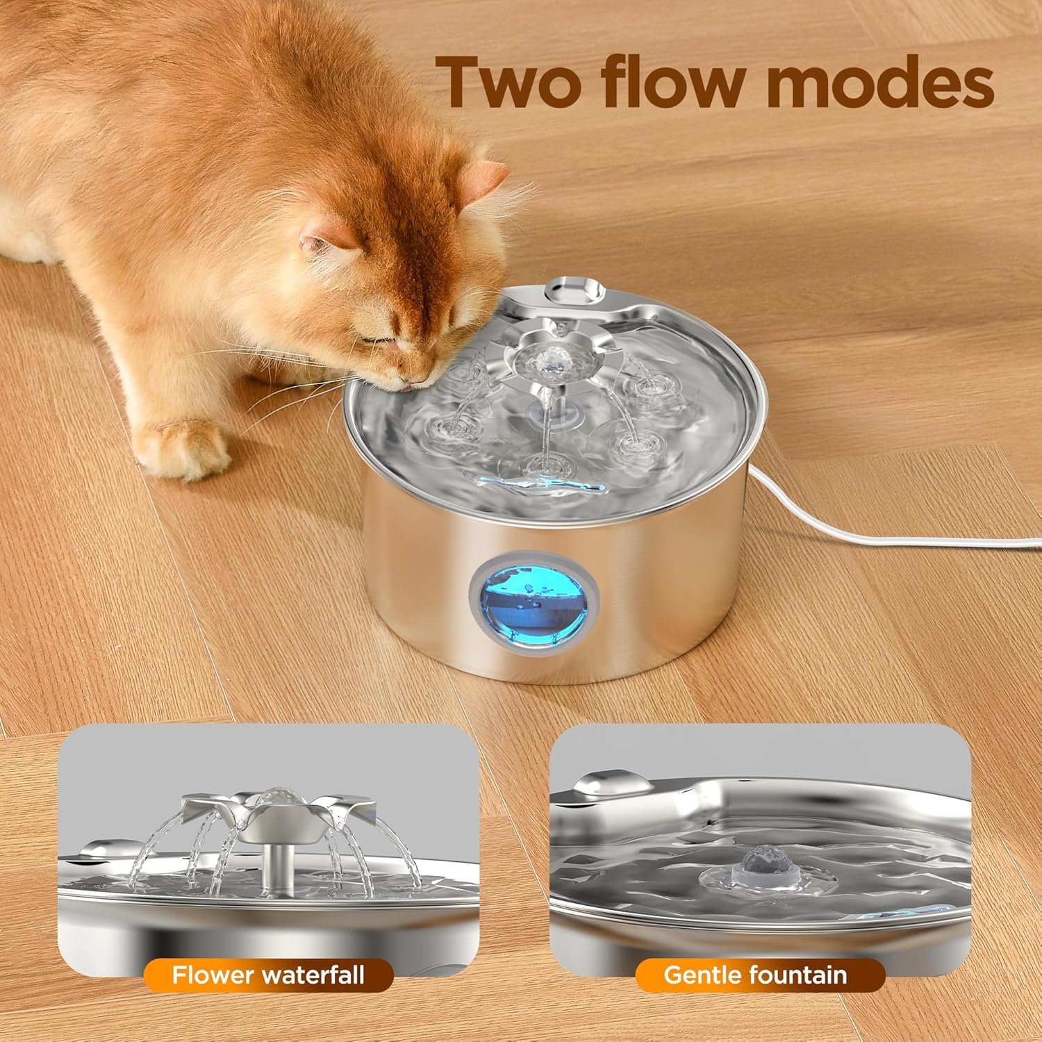 Stainless Steel Cat Water Fountain: 88oz/2.6L Ultra Quiet Pet Fountain with Flower Kitty Spout & LED Blue Light Water Dispenser with Water Level Window for Cats/Dogs Indoor (Silver) - IHOUONE - Image 3