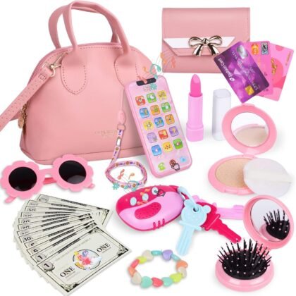 Learn2M Play Purse for Little Girls Ages 3-6, My First Purse Toy with Handbag, Makeup Set, Sunglasses, Smartphone, Wallet, Car Keys, Credit Cards and Fake Money
