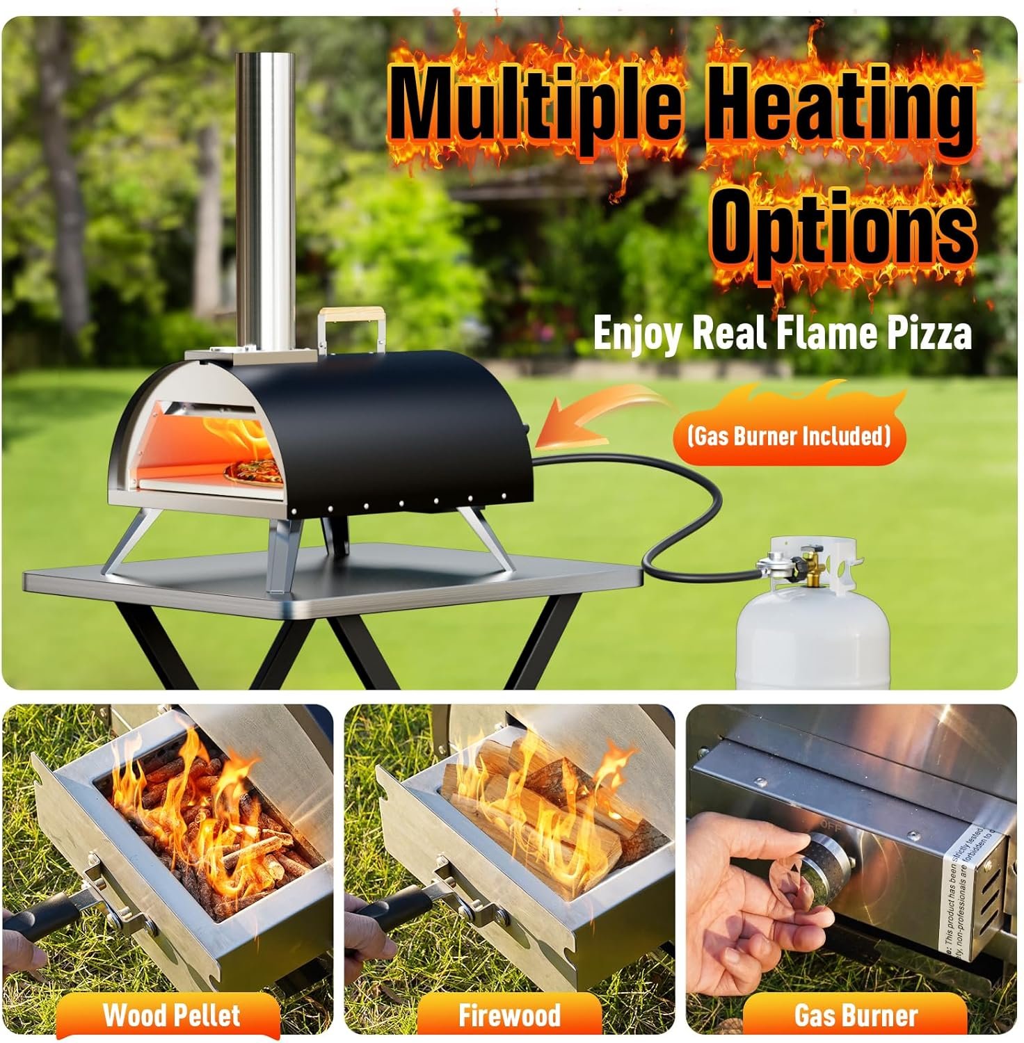 Multi-Fuel Pizza Oven Outdoor, 12" Portable Wood and Gas Fired Pizza Oven with Thermometer,Gas Hose & Pizza Stone,Heats up to 1000°F,Stainless Steel Pizza Oven for Backyard or Camping (Black) - Image 4