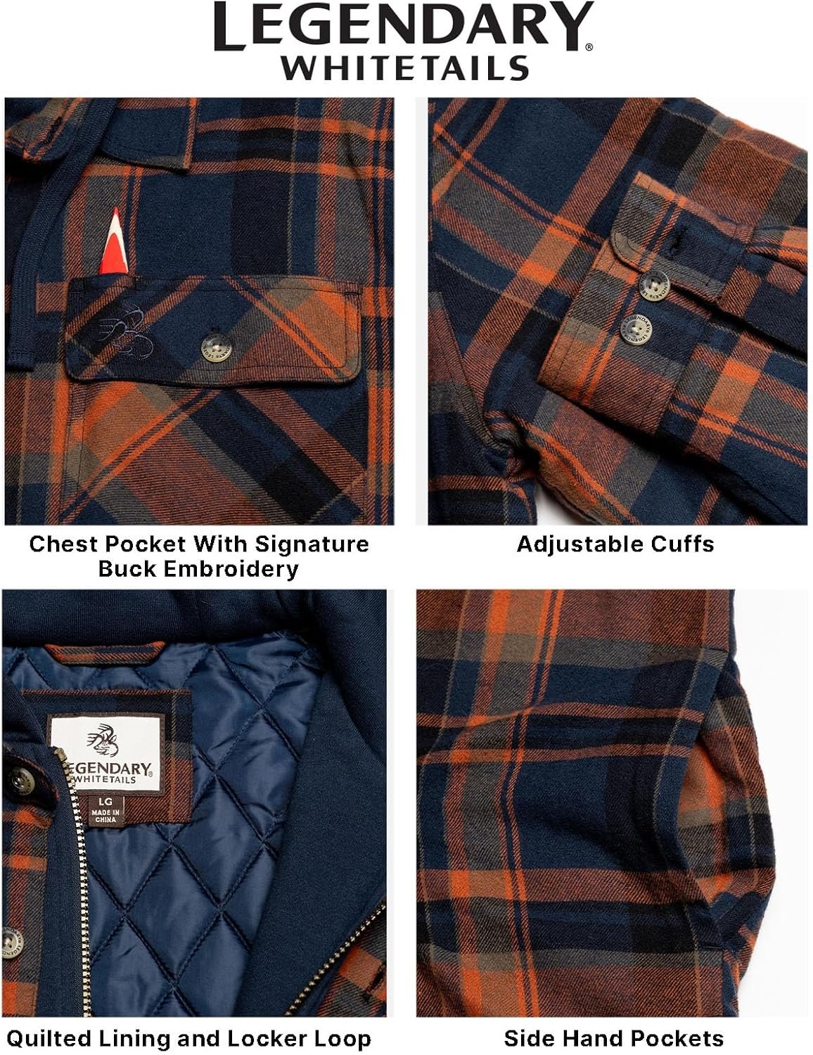 Legendary Whitetails Men's Plaid Flannel Shirt Jacket Quilted with Hood Polyfill Insulated - Image 4