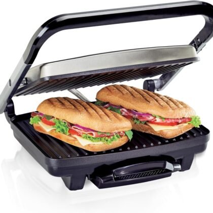 Hamilton Beach Panini Press, Sandwich Maker & Electric Indoor Grill, Upright Storage, Nonstick Easy Clean Grids, Stainless Steel (25410)