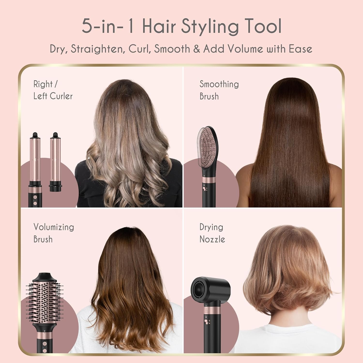 5 in 1 Ionic Hot Air Styler, 1400W Powerful Hair Dryer Brush, Auto-Wrap Curlers, Paddle Brush for Fast Drying, Volumizing with Travel & Storage Bag Compatible with Dyson Airwrap - Image 2