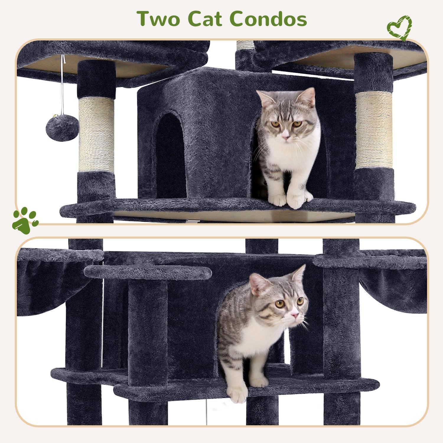 Globlazer Big Cat Tower for Indoor Cats, 80inch Cat Tower for Multiple Adult Cats XXL Cat Tree with Scratching Post, Hammock, 3 Perches, 2 Condos, 2 Hanging Basket, F80, Dark Grey - Image 3