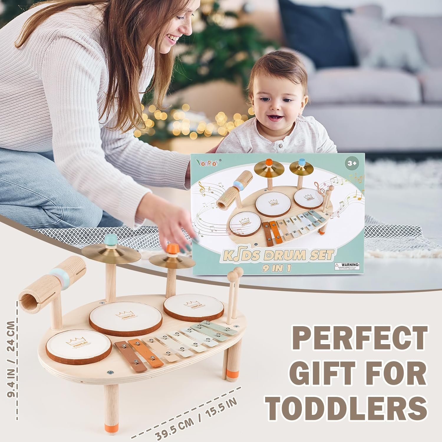 Drum Set for Toddler - Toys for 2 3 4 Year Old Girls Boy Gifts - 9 in 1 Wooden Montessori Musical Instruments with Xylophone for Kids 3-5, Christmas Birthday Gifts for Toddlers 2-4 - Image 5