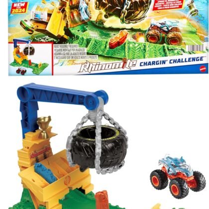 Hot Wheels Monster Trucks Toy Truck & Playset, Rhinomite Chargin’ Challenge Playset with a 1:64 Scale Vehicle & 2 Crushed Cars