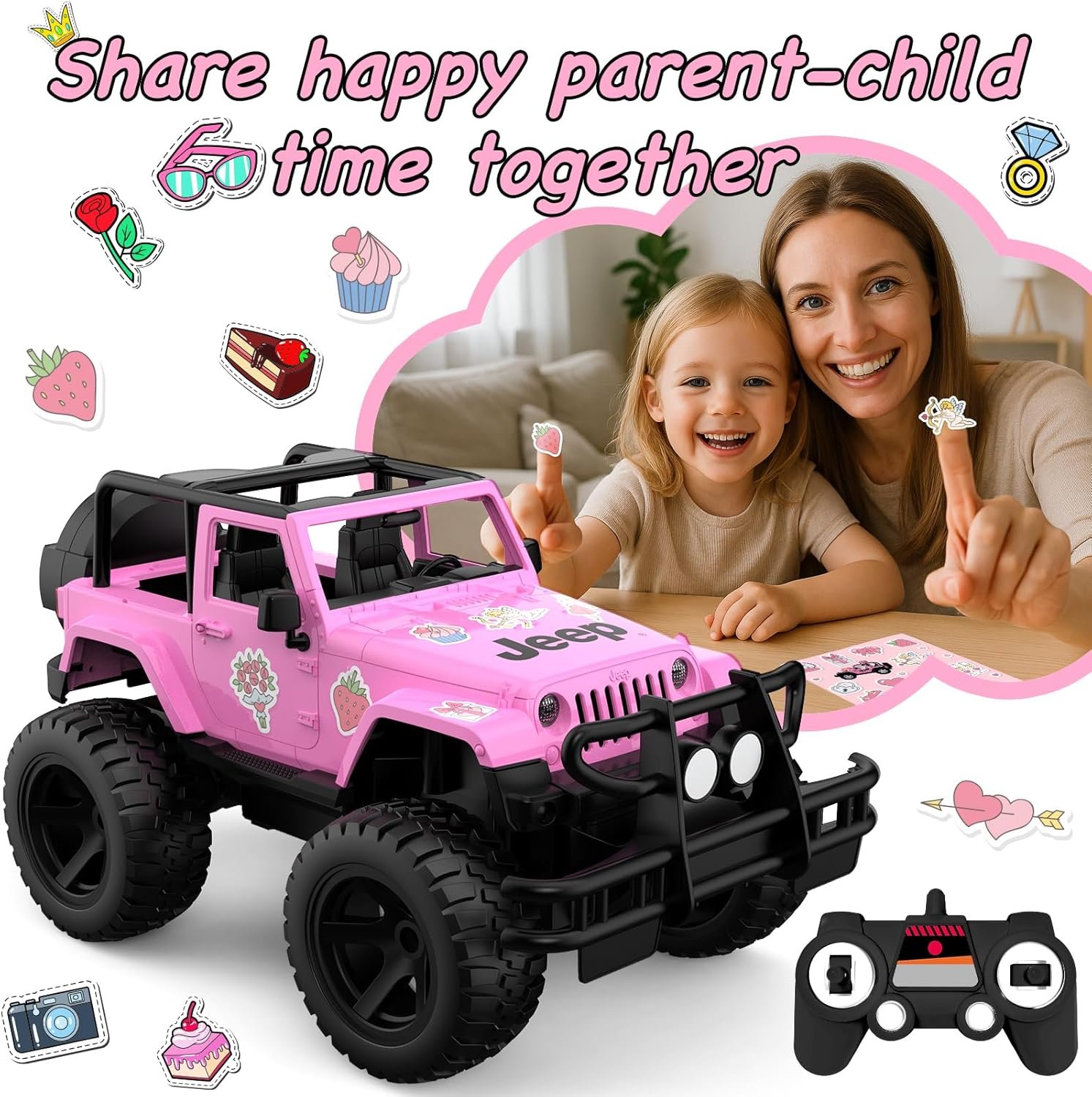 DOUBLE E Jeep Licensed 1:14 Scale Pink Remote Control Car for Girls with DIY Stickers, Open-top Design RC Jeep, 80 Min Play 2.4Ghz Off Road RC Trucks with LED Lights, Birthday/Xmas Gifts for Girls - Image 5