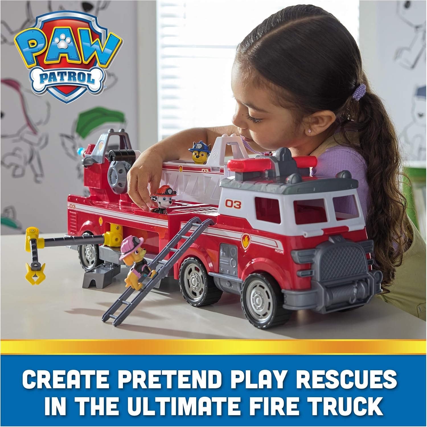 PAW Patrol Ultimate Rescue Fire Truck with 2 Ft. Ladder, Lights, Sounds, a Mini Toy Car, Chase, Marshall & Skye Figures, Toys for Boys & Girls Ages 3+ - Image 2