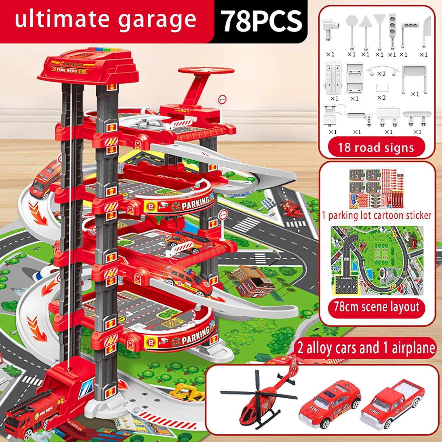 Ultimate Garage Track Set Compatible with Hot Wheels Cars with 2 Toy Cars and 1 Helicopter, with Multi-Level Side-by-Side Racetrack(Firefighting Main Track) - Image 4