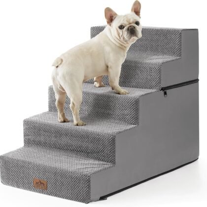 CCOZY KISS Dog Stairs for Small Dogs, 5 Tier Removable Wider Pet Stairs for Couch and Bed, 23.6" H Non-Slip Dog Steps for Puppies and Old Cats with Support Board, 19.7x29.5x23.6 inch, Grey