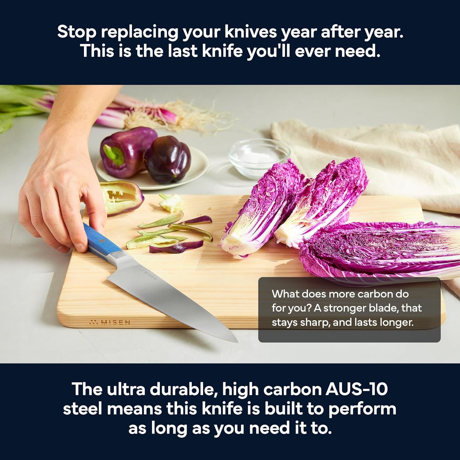 Misen 8" Chef Knife – High Carbon Japanese AUS-10 Stainless Steel – Hybrid German & Japanese Blade – Precision Kitchen Knife for Professionals & Home Cooks – Ultimate Cutting Performance - Blue - Image 5