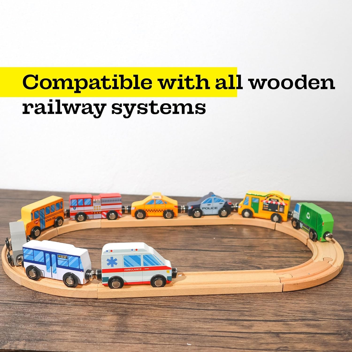 9 Piece Wooden Cars with Magnets - City Vehicles, Emergency Trucks, School Bus, Police, Fire, Ambulance, Taco Truck Toy - Community Helpers Play Set - Zany Trains - Image 9