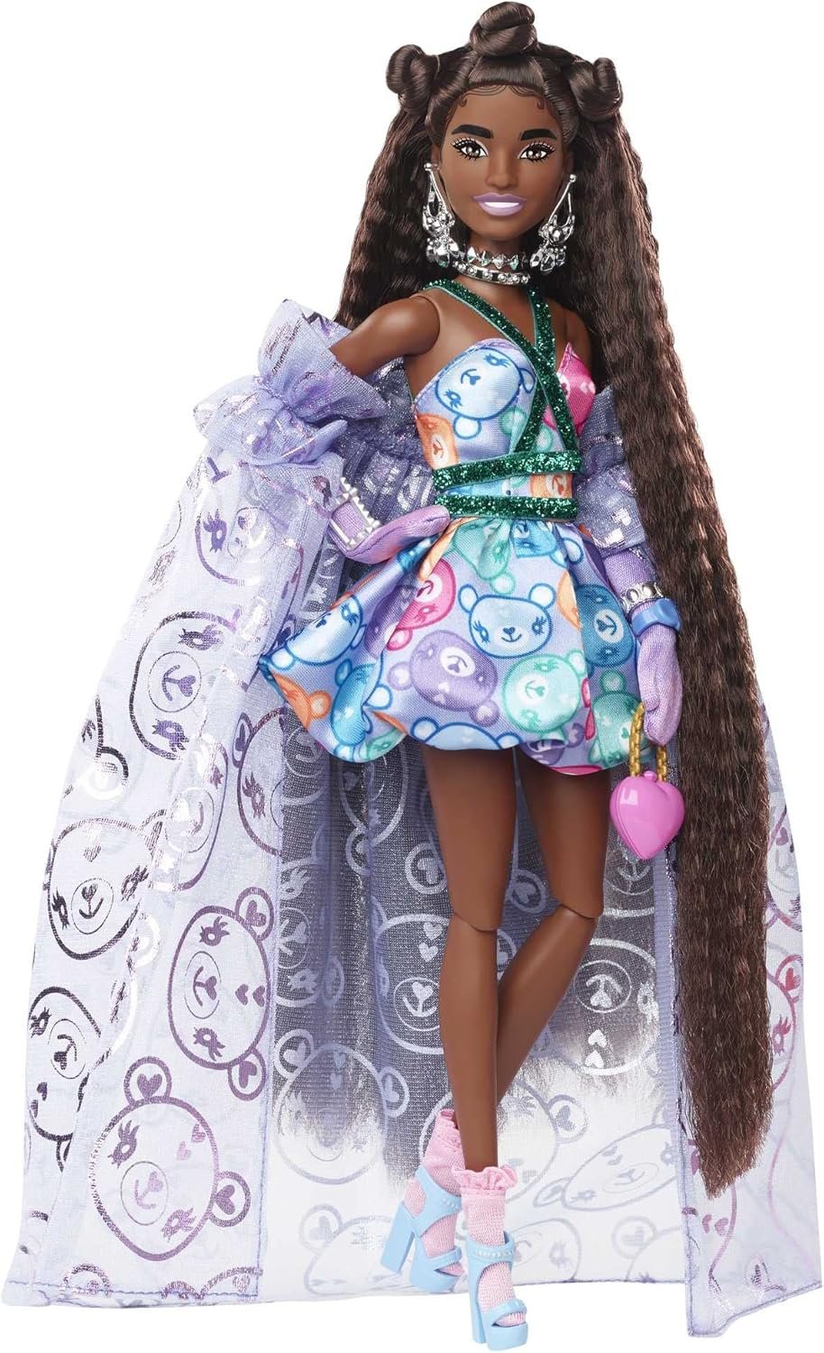 Barbie Extra Fancy Fashion Doll & Accessories Dressed in a Teddy-Print Gown with Sheer Train, Plus Teddy Bear Pet - Image 3