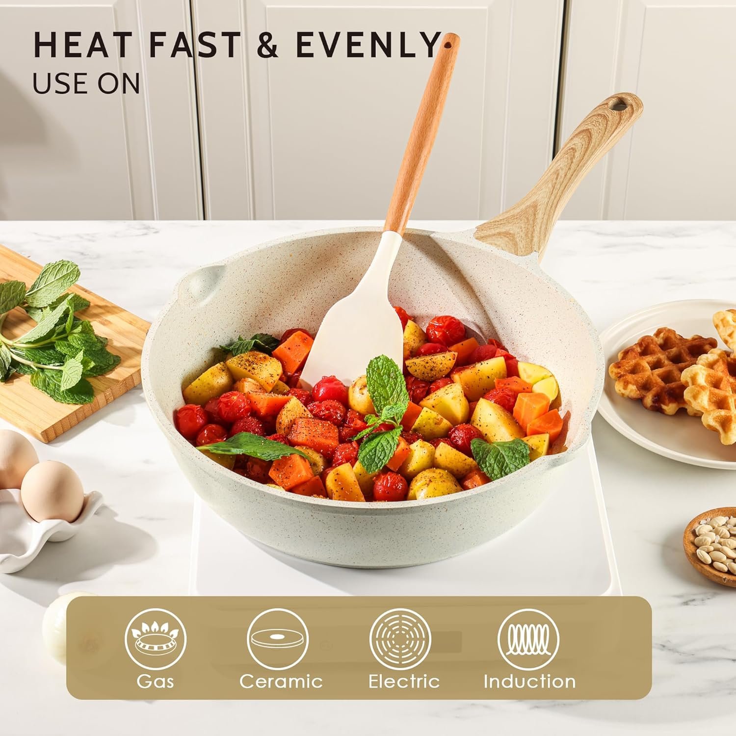 SENSARTE Nonstick Ceramic Saute Pan 12-Inch, 5QT Non-toxic Deep Frying Pan Skillet with Lid, Healthy No Teflon Cookware, Stay Cool Handle, Induction Compatible, PFAS Free - Image 4