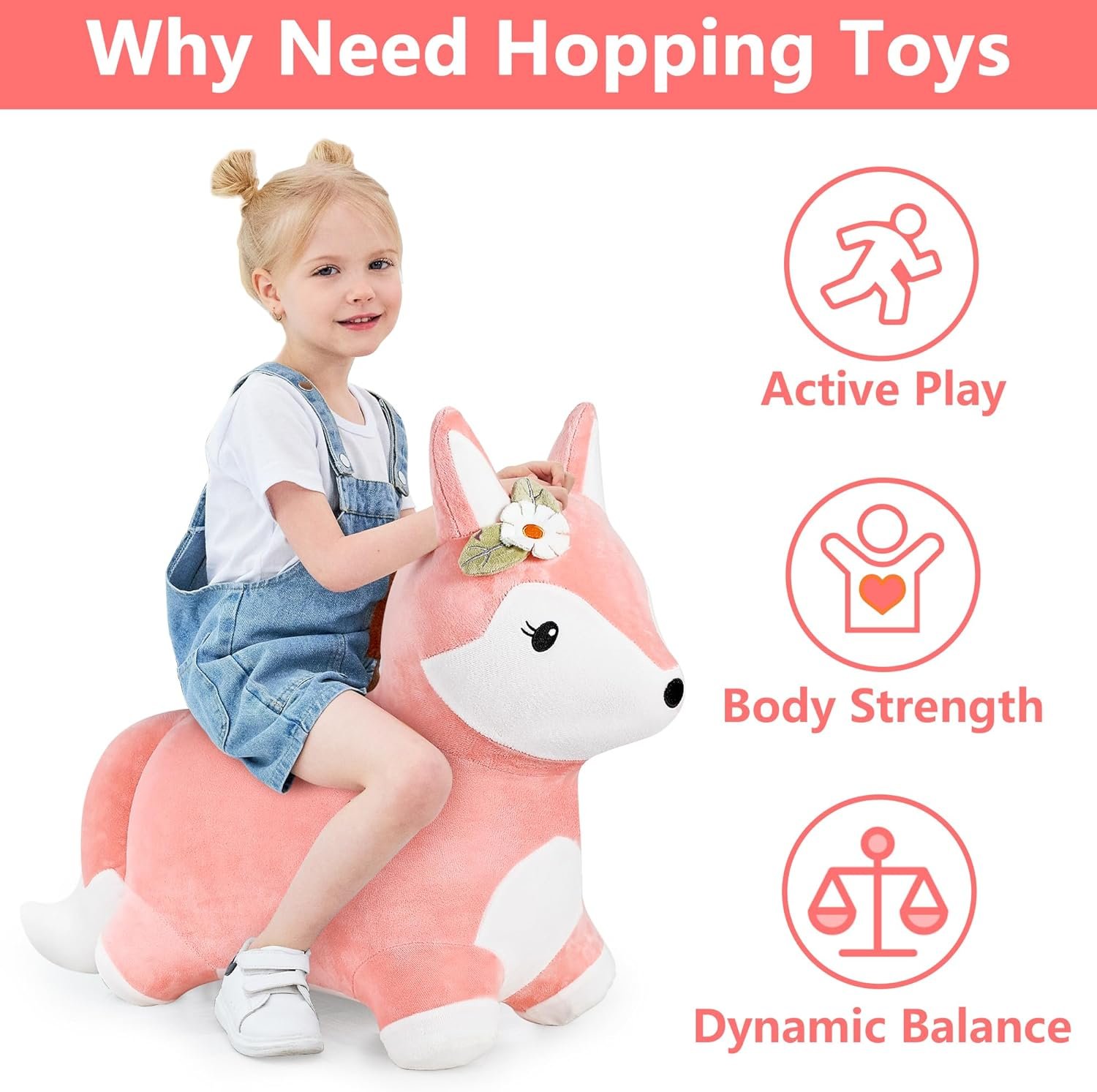 iPlay, iLearn Bouncy Pals Hopping Fox Horse, Toddler Girl Inflatable Bouncing Animal Hopper Toy, Outdoor Indoor Plush Ride on Bouncer, Baby Birthday Gift 18 Month 2 3 4 Year Old Kid - Fox - Image 2