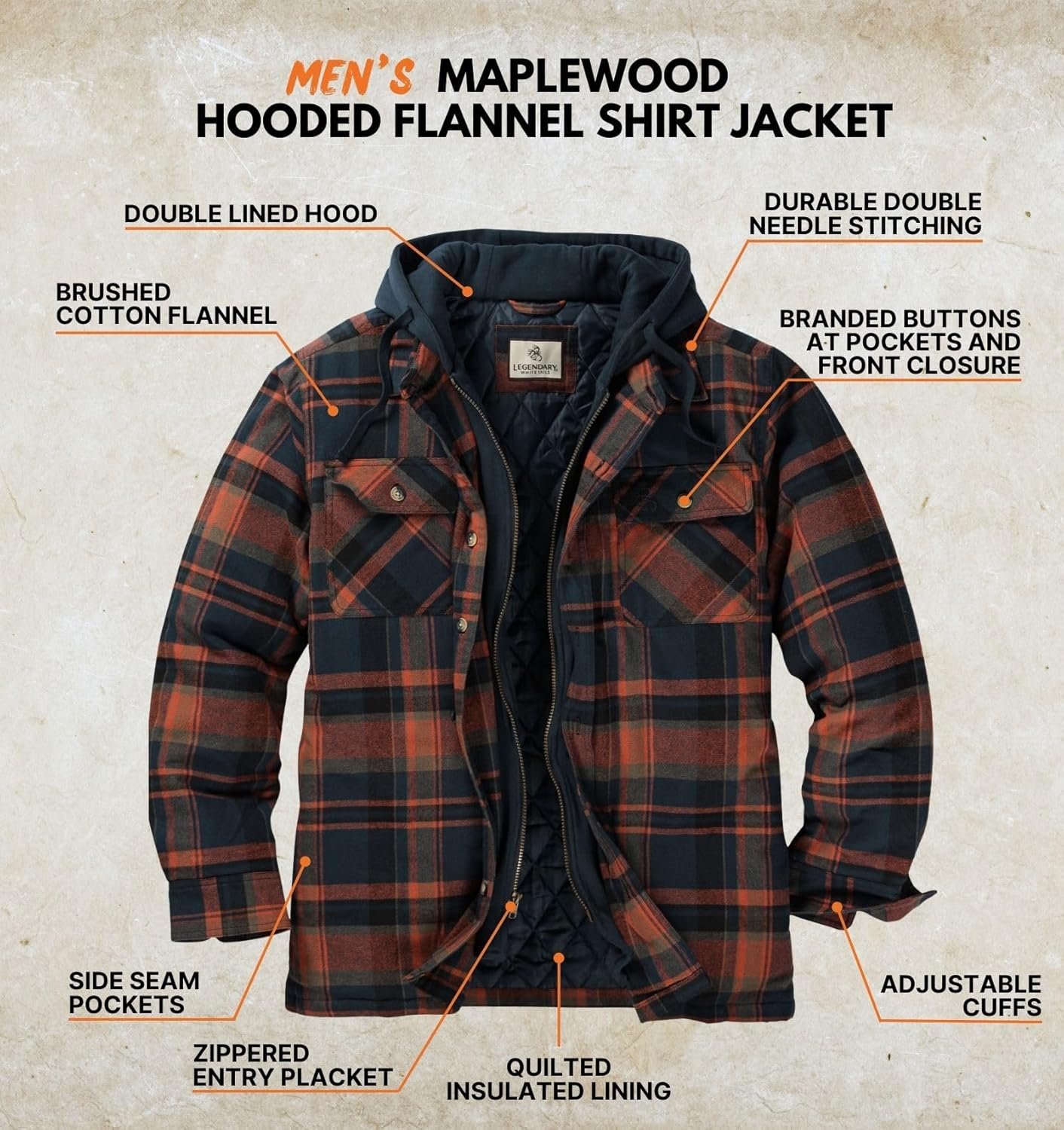 Legendary Whitetails Men's Plaid Flannel Shirt Jacket Quilted with Hood Polyfill Insulated - Image 2