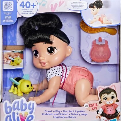 Baby Alive Crawl 'n Play Katie Kat Electronic Crawling Baby Doll Set, Black Hair, Kids Toys for Girls & Boys 3 Years & Up, 10.75 Inches