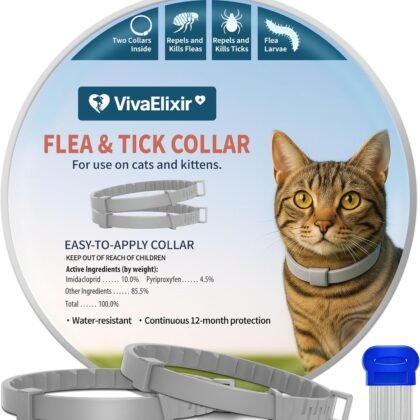 Flea and Tick Collar for Cats 2 Pack, 12 Months of Cat Flea Collar Protection 2 Collars Made with Premium Plant Based Essential Oil Waterproof and Natural Treatment Prevention Free Comb