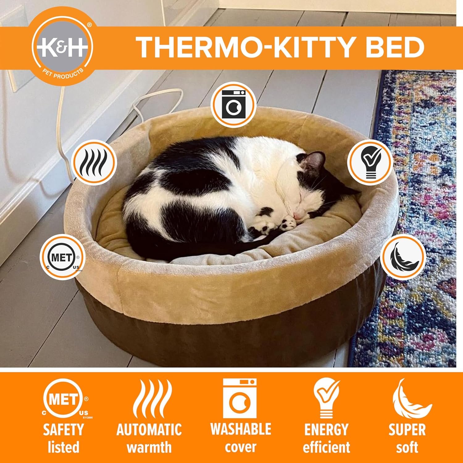 K&H Pet Products Thermo-Kitty Bed Heated Cat Beds for Indoor Cats & Dogs, Calming Warming Pillow Pet Bed, Machine Washable, Removable Heater, Safety Listed - Small 16" Round Mocha/Tan - Image 4